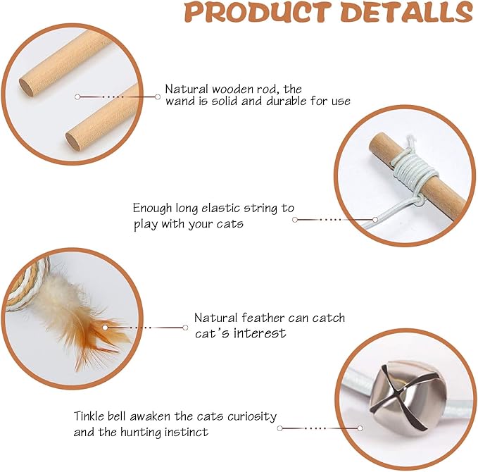 3 PCS Cat Wand Toys, 16 Inch Natural Wooden Cat Teaser Wand Toys with 5 PCS Silvervine Sticks for Cat, Interactive Cat Feather Wand Toy for Indoor Cats, Elastic String Cat Pole Toy with Bell, Feather