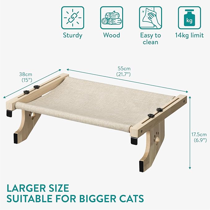 Navaris Cat Window Perch for Large Cats - Heavy Duty Wooden Cat Window Hammock, Cat Window Seat for Indoor Cats, Cat Window Shelf, Cat Bed for Window Sill, Bedside, Drawer, and Other Furnitures