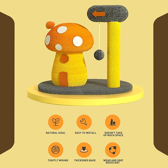 Cat Tree Tower,Cat Scratching Post, Mushroom Tall Cat Scratcher Featuring with Natural Sisal Scratching Poles and Interactive Toy Ball for Kittens and Small Cats Pet Play House