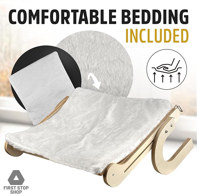 Cat Window Perch with Comfortable Bedding - Cat Perch for Window & Wall - Easy to Install Wooden Cat Window Hammock - Window Cat Perch for Small & Large Cats (Yellow & Beige)