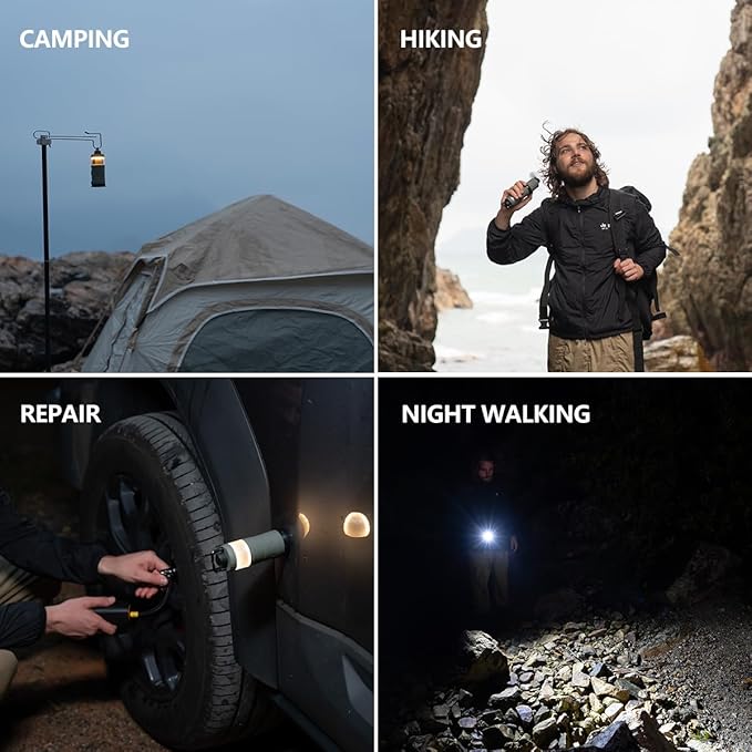 7-in-1 Modular Camping Lantern Rechargeable, 5000mAh, 500LM, IPX4 Waterproof, Fan, Bluetooth, Multi-Function Portable Flashlight, Camping Essentials Set for Emergency, Hiking, Fishing (Green)