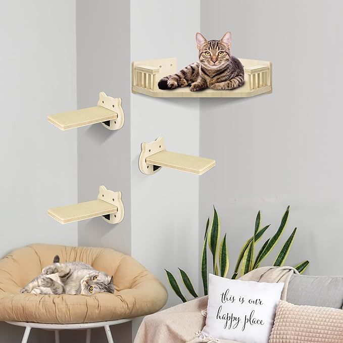 Cat Wall Shelves, Corner Cat Shelves and Perches for Wall, Cat Wall Furniture Cat Shelf with 3 Steps, Wall Mounted Cat Hammock Cat Bed with Plush Covered, Wood Cat Climbing Shelf for Indoor