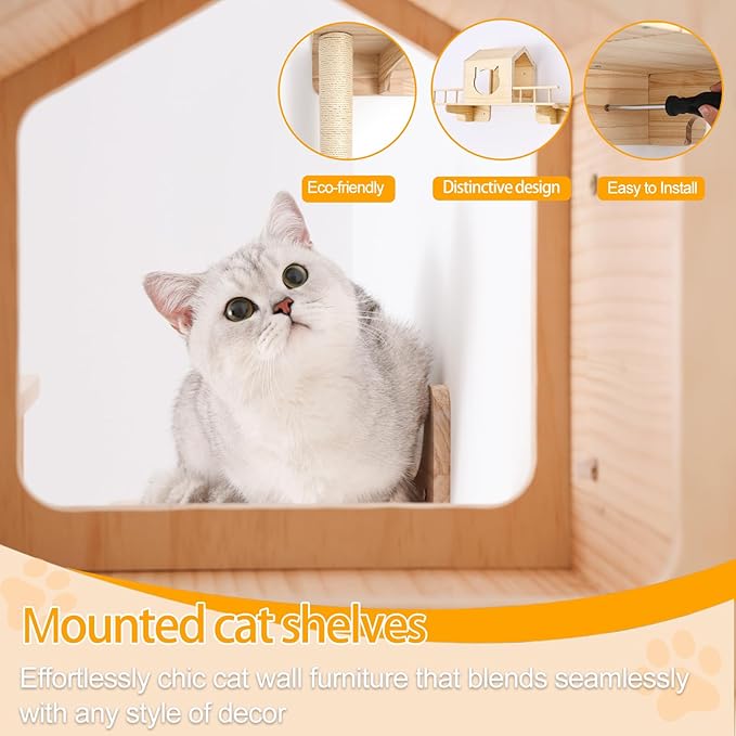 Cat Shelves for Wall, Cat Climbing Shelves Wall Mounted Cat Furniture Set, Cat Wall Shelf with 1 Cat Wall House, 1 Bridge Ladder, 3 Cat Scratching Post and 5 Steps