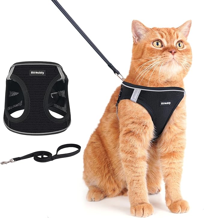 Rttochfy Cat Harness and Leash Set, Escape Proof Kitten Harness, Soft and Breathable Vest with Reflective Strip, Easy to Wear for Cats Walking and Traveling (Black, M)