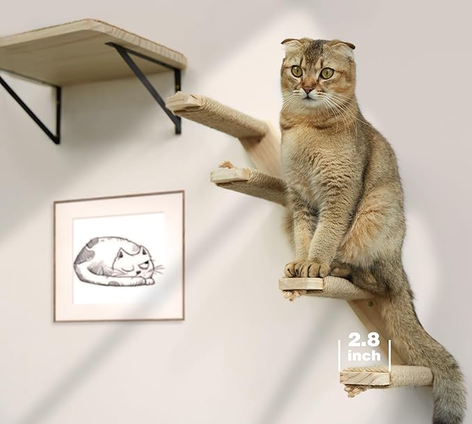 Cat Climbing Stair Shelf Wall Mounted Reversible Left & Right Direction, Cat Stairway Shelf for Climbing with Sisal Rope Ladder Cat Wall Furniture
