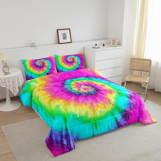 3 Piece Rainbow Tie Dye Comforter Set with 2 Pillowcases Boho Psychedelic Bedding Set for Kids Girls Teens Bohemian Gypsy Exotic Spiral Quilted Duvet Soft Comfy, Watercolor Art Down Comforter,King