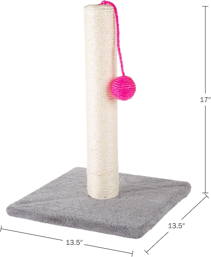 17-Inch Cat Scratching Post - Sisal Rope and Carpet Scratching Pole with Bright Pink Hanging Ball Toy for Adult Cats and Kittens by PETMAKER (Gray)