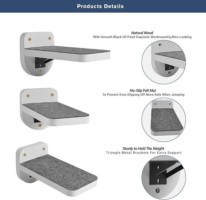 Set of 3 Natural Wood Cat Steps for Wall -Wall Mounted Cat Stairs Shelves, Cat Climbing Ladder, Cat Shelf and Perches for Wall - Holds up 30lbs