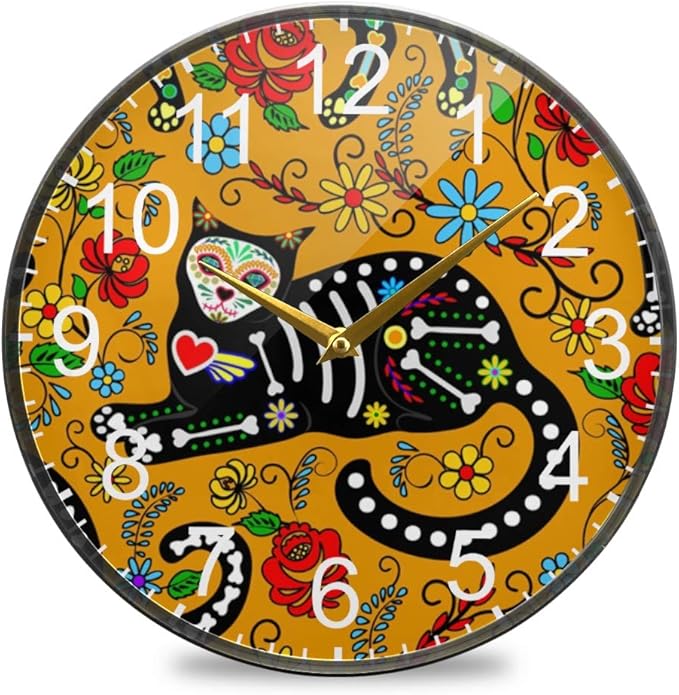 ALAZA Calavera Sugar Skull Black Cats Mexican Day of The Dead Wall Clock Battery Operated Silent Non Ticking Clocks for Living Room Decor 12 Inch / 9.5 Inch