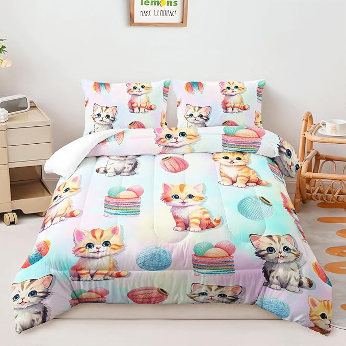AILONEN Cute Cat Kitten Comforter Set Full Size, Kids Girls Soft Microfiber Bedding Set for Bedroom,Colorful Watercolor Cat Comforter with 2 Pillowcases,3-Piece