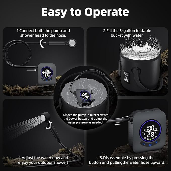 8000mAh Portable Camping Shower, Upgrade Rechargeable Electric Shower Pump with 5 Gallon Bucket, Intelligent LED Display,Portable Shower for Outdoor