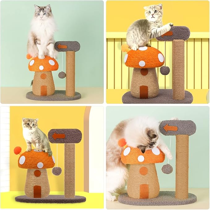 RAIN QUEEN Mushroom Cat Scratcher Post, Mushroom Cat Tree & Cat Toys, Scratching Posts for Indoor Cats with Natural Sisal Rope Cat Tower to Satisfy Cats’ Claw Instincts, for Kittens Or Smaller Catcat