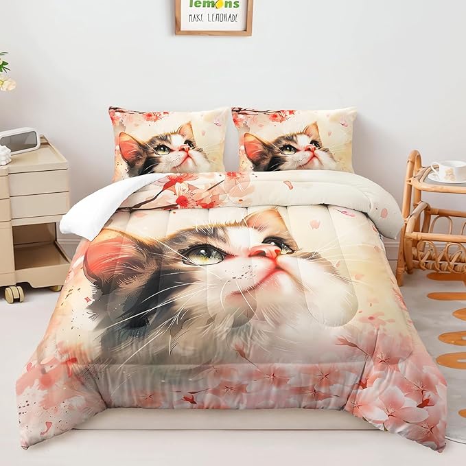 AILONEN Kawaii Cat Comforter Set Twin Size,Kids Girls Kitten Cat Bedding Printed Pink Flower Watercolor Lovely Animal Cat Comforter with 2 Pillowcases,3 Pieces