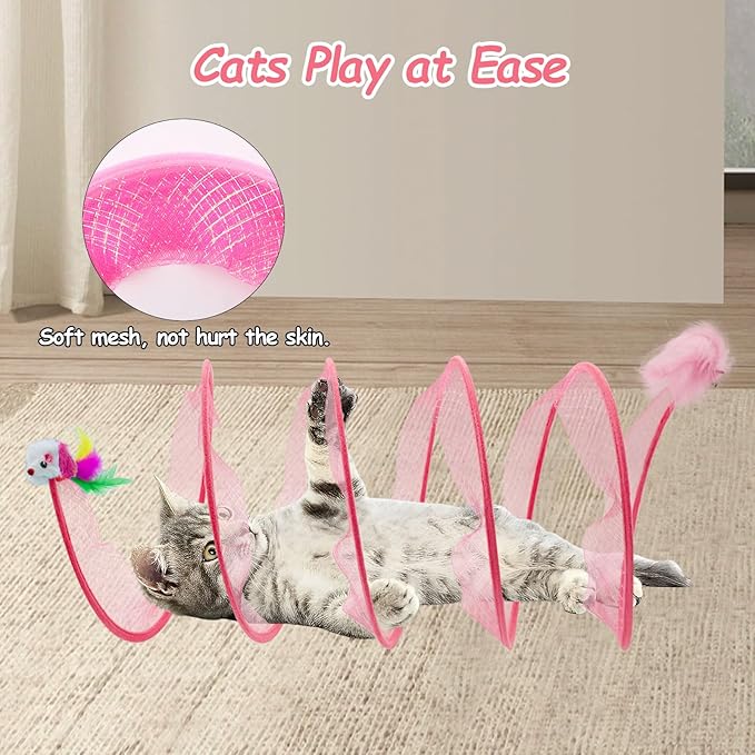 2 Packs Folded Cats Tunnel, Cats Tunnels Toy for Indoor Cats Collapsible Tubes Plays Tunnel Spring Exercise Pet Tunnel Bed Interactive with Toys Feather Mouse Attract Kitten Pink
