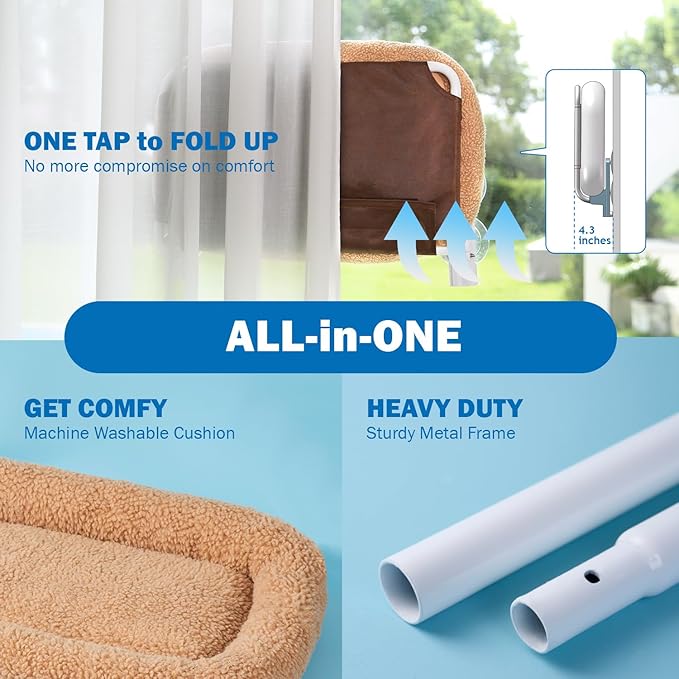 Foldable Cat Hammock for Window - Cordless, Embeded Machine Washable Bed, Robust Metal Frame - Cat Window Perch for Large Cats and Kitten (Brown Bolster Bed, Medium)