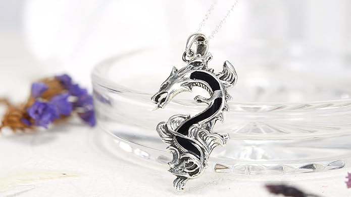 AeraVida Legendary Chinese Dragon Charm Stone Inlaid Accent .925 Sterling Silver Pendant on 18-inch Chain Necklace | Dragon Jewelry Necklace Accessory for Men Women Unisex