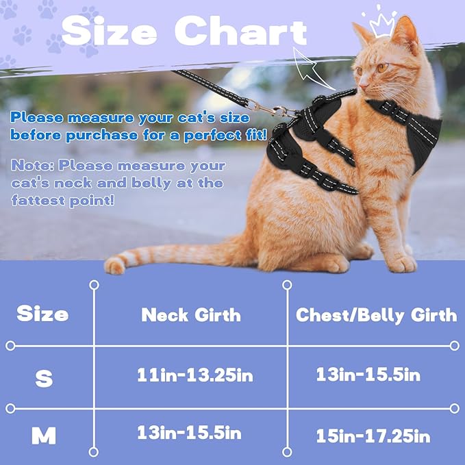 Fully Escape Proof Cat Harness and Leash Set for Walking, Adjustable Soft Kitten Vest with Reflective Strip for Small Medium Large Adult Cats, Breathable Kitty Harness,Black M