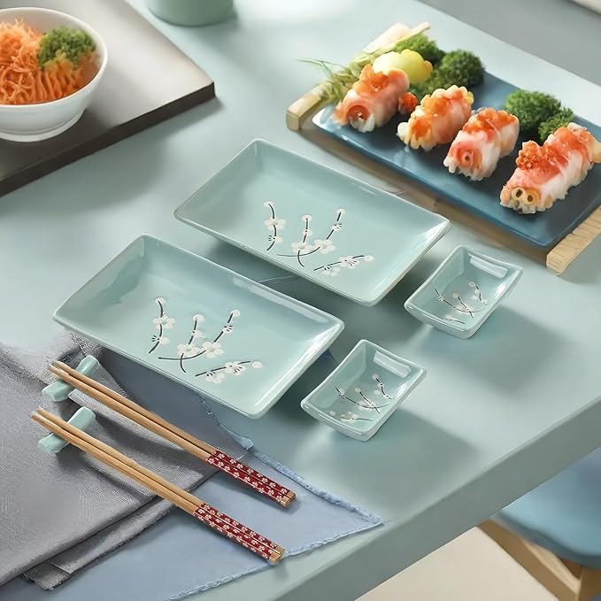 8 pcs Japanese Sushi Plate Sets Serving Platters and Trays for Entertaining Sushi Dishes Set Plates Sushi Plates Traditional Cuisine Dinnerware Sets with Chopsticks Blue Plum