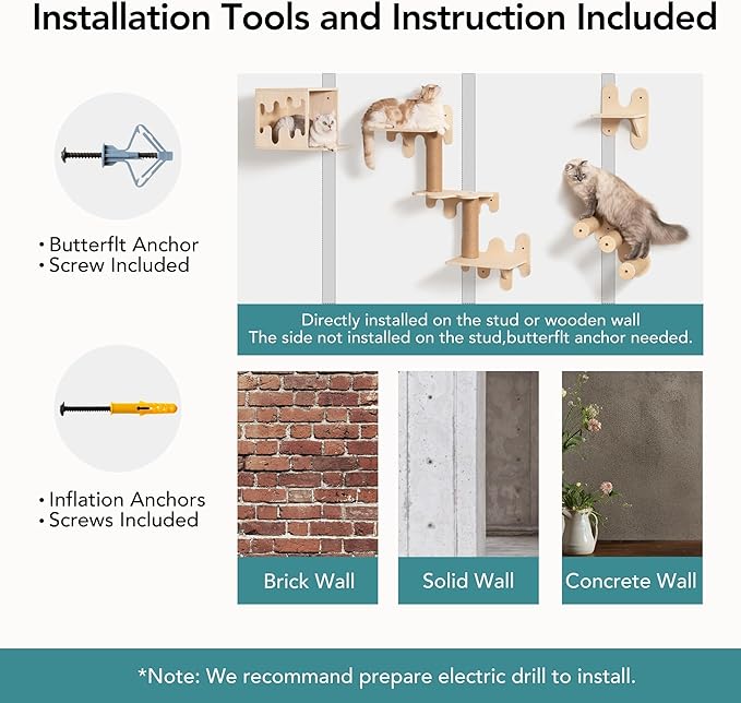 Mewoo Cat Wall Shelves, Wooden Cat Wall Furniture, Stable Cat Wall Steps, Cat House and Cat Perch for Wall Mounted, Cat Climbing Shelves Cat Ladder for Most Kittens & Adult Cats, Set of 4, Beige