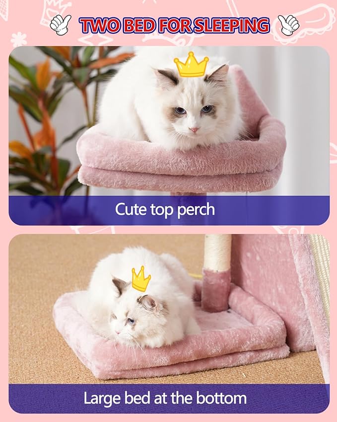 Cat Tree, Cat Tower with condo, Basket, Large Bed, Platform, Scratch Board, Cat Scratching Posts for Indoor Cats, Pink GCT002SP