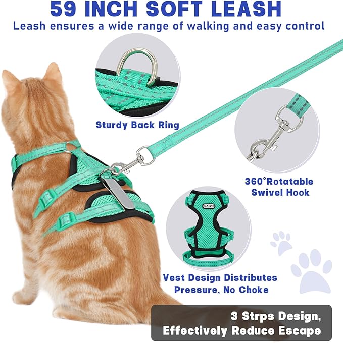 Cat Harness for Walking, Escape Proof Cat Harness and Leash Set with Reflective Strip, Adjustable Cat Leash Breathable Soft Vest for Small to Large Cats, Green, S