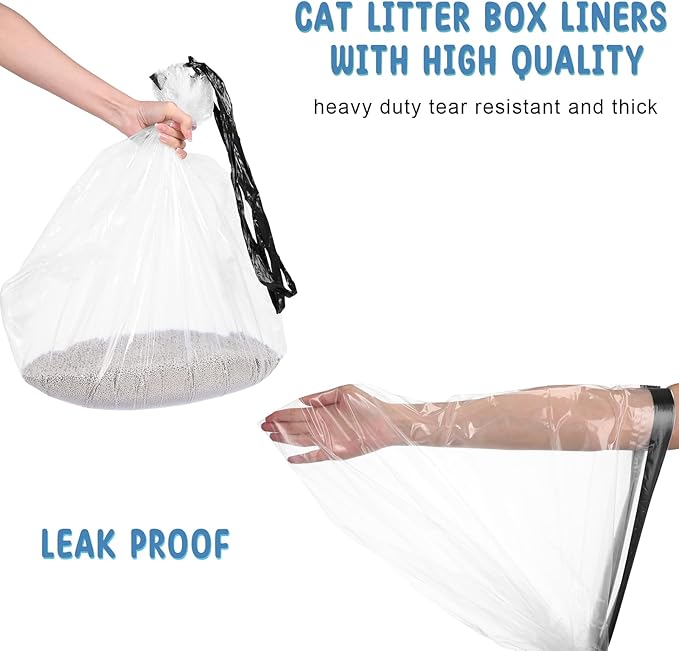 50 Count Jumbo Cat Litter Box Liners Large Drawstring Cat Litter Liners Unscented Tear Resistant Cat Litter Bags for Trash Waste to Keep Your Home Clean (Clear, Black,39 x 22 Inch)