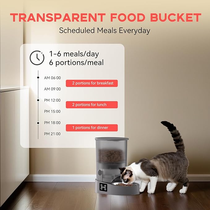Automatic Cat Feeder, Rechargable 4L Cat Food Dispenser, Timed Pet Feeder with Dry Food Dispenser,Auto Feeder Up to 6 Meals, 6 Portions Per Meal - Grey