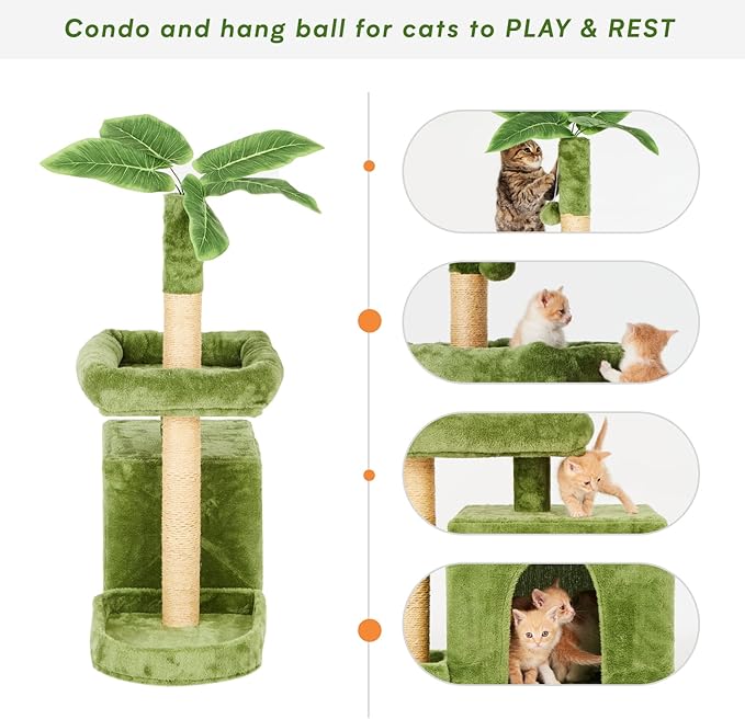 31.5" Cat Tree/Tower for Indoor Cats with Green Leaves, Cat Condo Cozy Plush Cat House with Hang Ball and Leaf Shape Design, Cat Furniture Pet House with Cat Scratching Posts, Green