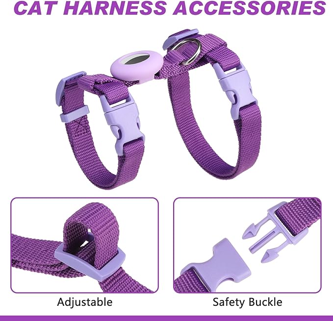 Cat Harness and Leash Set Escape Proof for Walking, Adjustable Cute Kitten Harness Leash with Airtag Holder for Small Large Cats, Lightweight Soft Walking Travel Harness (Purple)