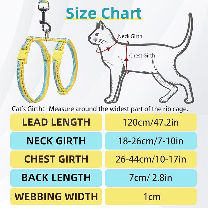 PUPTECK Adjustable Cat Harness and Leash Set Escape Proof Kitten Strap Collar for Walking Travel, Yellow Blue