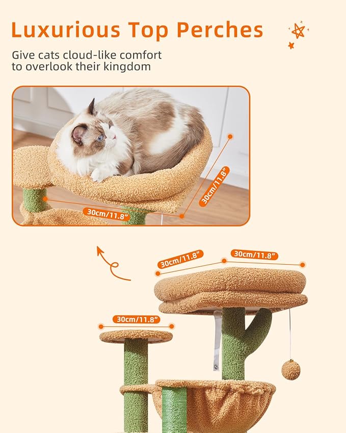 Taoqimiao Cat Tree, 39.4-Inch Cat Tower for Indoor Cats,Suitable for Kittens,Plush Cat Condo with 5 Scratching Posts, Plush Perch,2 Hammock,Pompoms, MS019T Cactus