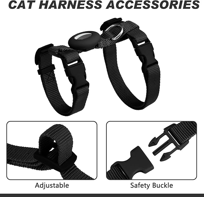 Cat Harness and Leash Set Escape Proof for Walking, Adjustable Cute Kitten Harness Leash with Airtag Holder for Small Large Cats, Lightweight Soft Walking Travel Harness (Black)