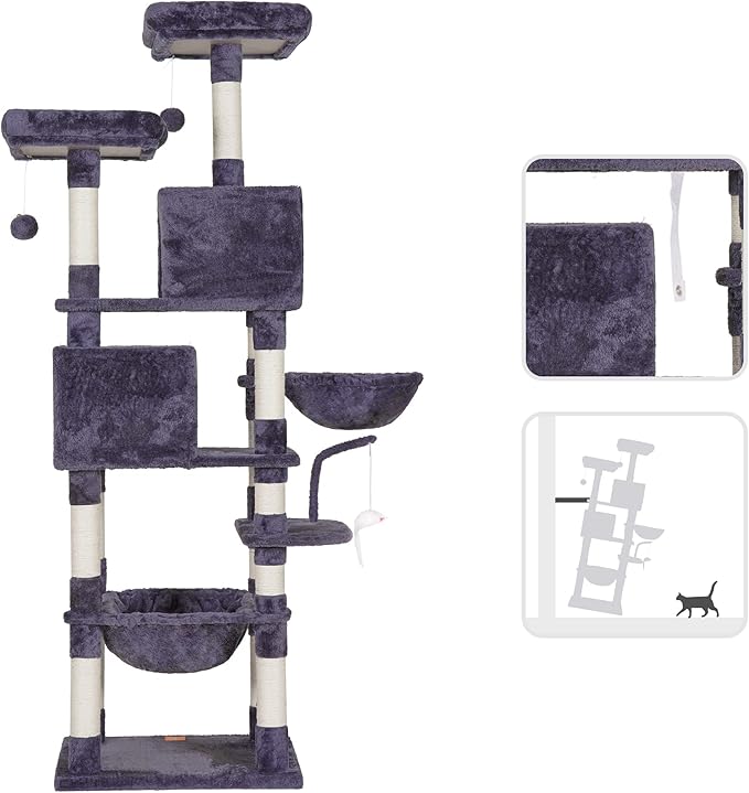 Heybly Cat Tree, 70 inches Tall Cat Tower condo with Toy for Indoor Large Cats, Cat House Furniture with Padded Plush Perch, Cozy Hammock and Sisal Scratching Posts,Smoky Gray HCT032G