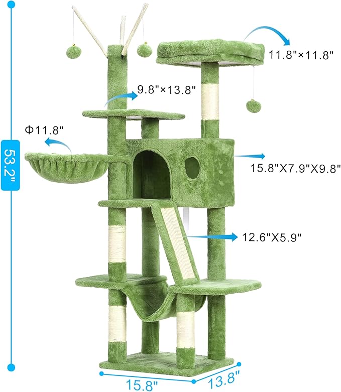 Hey-brother Cat Tree, 53 inch Cat Tower for Indoor Cats, Cat House with Padded Platform Bed, Toy Balls, Large Cozy Condo, Hammocks and Sisal Scratching Posts, Green MPJ019-SGR