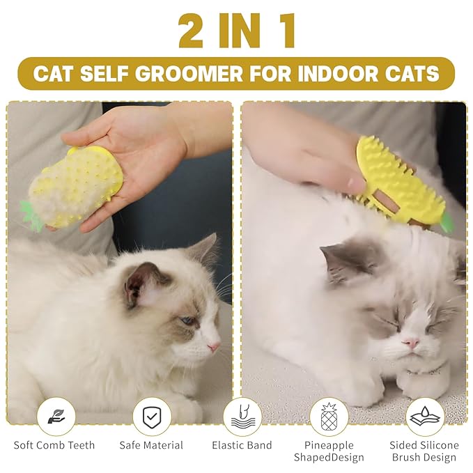 2Pcs Pineapple Cat Self Groomer and Corner Brush, Reduce Shedding, Scratching and Itchiness, Pet Tickling Artifact with Silicone Bristles, Easy Installation for Cat Dog Pet Self Cleaning Cat Brush Toy