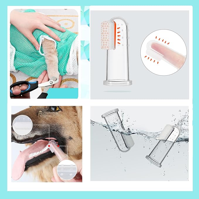 Adjustable Multifunctional Anti-Bite Shower net Bag，Cat Grooming Mesh Bag, Cat Bathing Bag，Cat Bath Brush and Pet Finger Toothbrush(B-Pink)