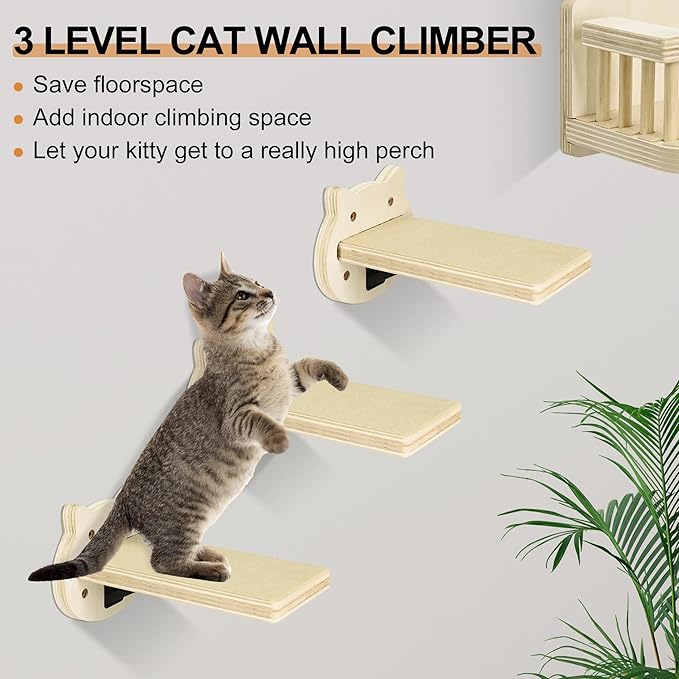 Cat Wall Shelves, Corner Cat Shelves and Perches for Wall, Cat Wall Furniture Cat Shelf with 3 Steps, Wall Mounted Cat Hammock Cat Bed with Plush Covered, Wood Cat Climbing Shelf for Indoor