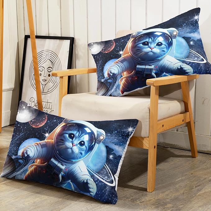 AILONEN Kids Cat Comforter Set - Full 3D Cute Kawaii Cat Bedding Set for Girls & Boys, Galaxy Planet Duvet with 2 Pillowcases