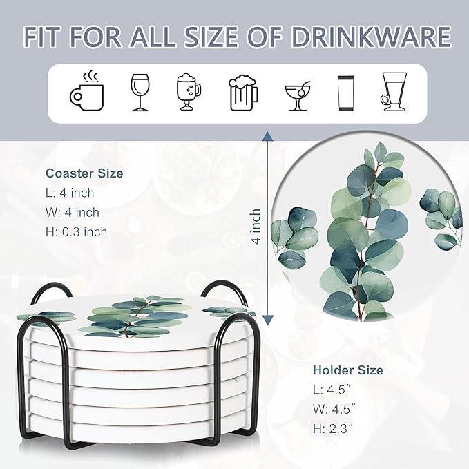 6 Pcs Coasters for Drinks with Holder, Green Leaves Absorbent Ceramic Coasters with Cork Base,Cute Funny Table Drinks Coasters Tabletop Protection Mat,Table Home Decor,4 Inches