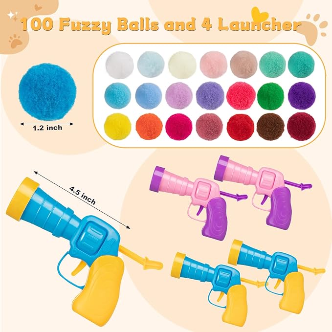 4 Pcs Cat Ball Launcher, Interactive Cat Toy with 100PCS Cat Pompom Balls, Cat Toy Ball Launcher Gun for Cats, Cat Toys Interactive for Training, Playing, Funny Game