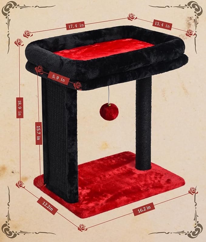 SYANDLVY Samll Gothic Cat Tree with Scratching Board, Scratching Post with Perch for Indoor Cats, Cat Scratcher with 2 Dangling Balls, Great for Kittens