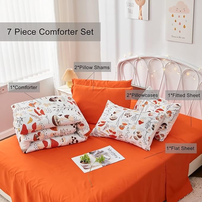 7 Piece Mushroom Comforter Set Twin Size,Plant Wild Mushroom Comforter with Sheet Set Bed in A Bag for Kids Boys Girls,Twin(1 Comforter, 1 Flat Sheet, 1 Fitted Sheet, 4 Pillowcases)