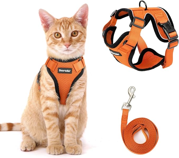 Dooradar Cat Harness and Leash Set, Escape Proof Safe Adjustable Kitten Vest Harnesses for Walking, Easy Control Soft Breathable Mesh Jacket with Reflective Strips for Cats, Orange, XS