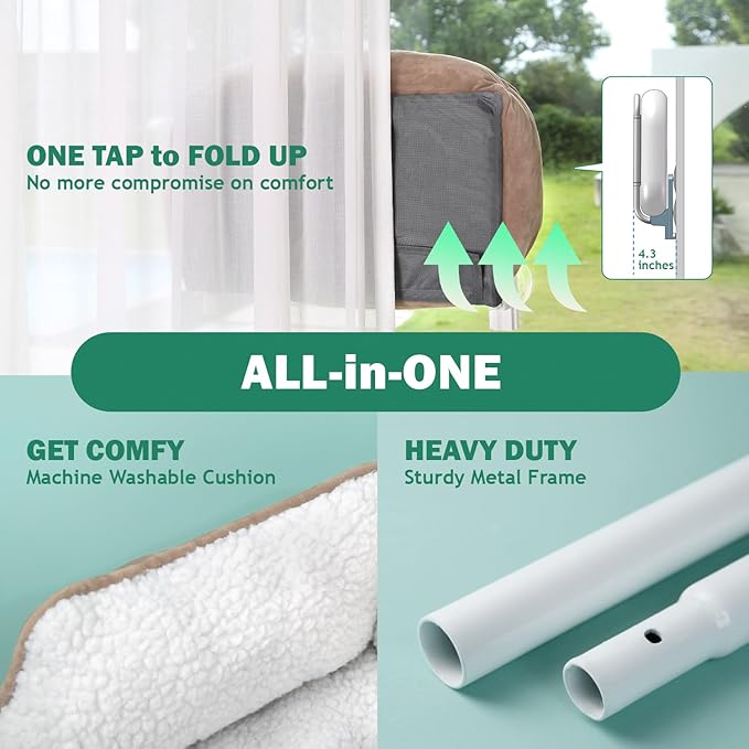 Foldable Cat Hammock for Window with Bolster - Cordless, Three-Side Bolstered Machine Washable Fluffy Bed, Robust Metal Frame - Cat Window Perch for Large Cats and Kittens - Brown/White