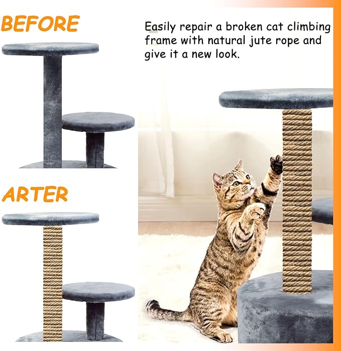 Jute Rope for Cat Scratch Post 1/6" mm Diameter 328 FT Cat Natural Hemp Rope Cat Tower Repair Rope Cat Tree Rope Replacement Recovering and DIY