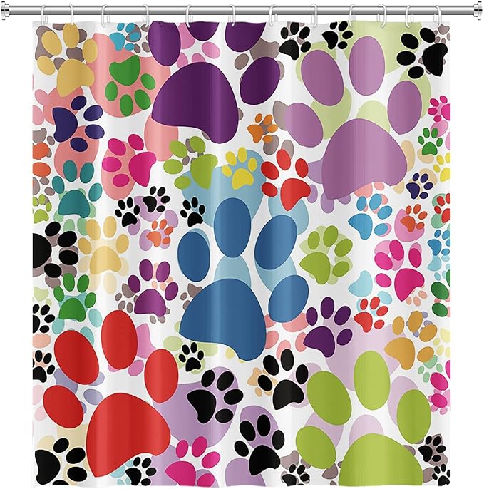 70x72inch Colorful Cartoon Dog and Cat Pawprints Kids' Shower Curtain Cute Animal Lovely Pet Puppy Cat Claw Prints Bath Curtain for Children Baby Bathroom Decor Fabric Polyester with Hooks