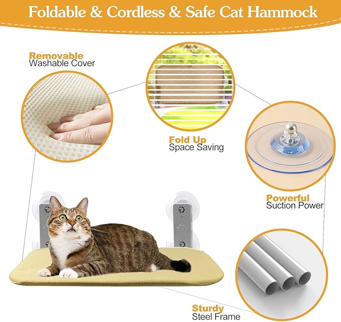 2 Pack Foldable Cat Window Perch, Cordless Cat Window Hammock Cat Window Bed Safety Window Sill Cat Perch for Indoor Cats Inside, Strong Suction Cup Large Cats Window Seat with Sturdy Metal Frame