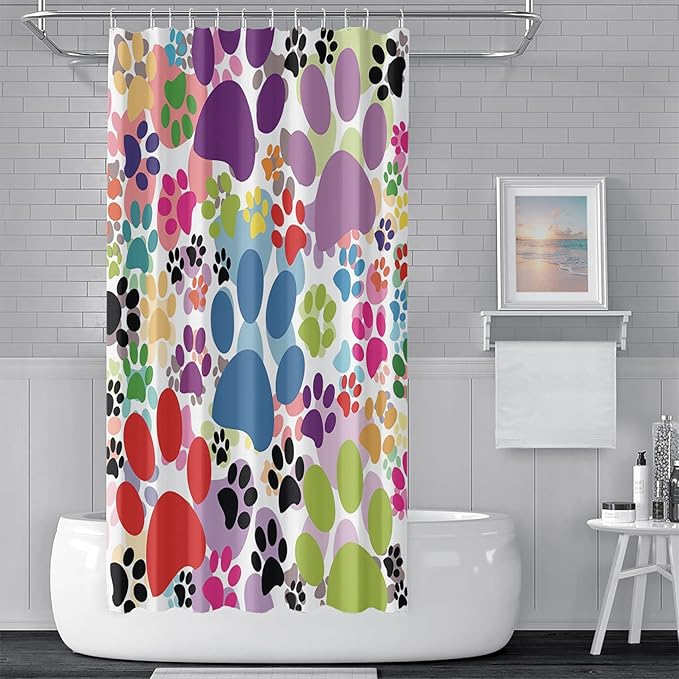 69x70inch Colorful Cartoon Dog and Cat Pawprints Kids' Shower Curtain Cute Animal Lovely Pet Puppy Cat Claw Prints Bath Curtain for Children Baby Bathroom Decor Fabric Polyester with Hooks