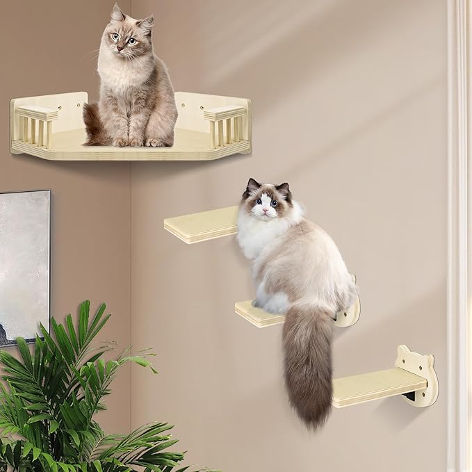 Cat Wall Shelves, Corner Cat Shelves and Perches for Wall, Cat Wall Furniture Cat Shelf with 3 Steps, Wall Mounted Cat Hammock Cat Bed with Plush Covered, Wood Cat Climbing Shelf for Indoor
