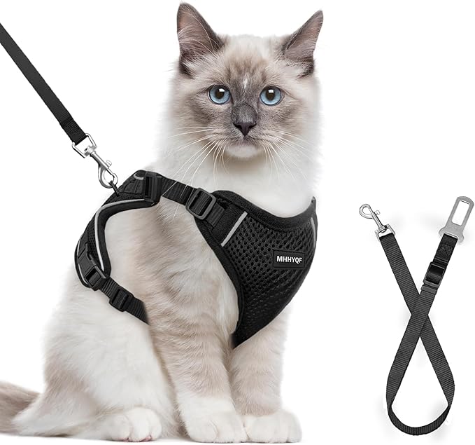 Cat Harness and Leash Set for Walking Escape Proof, Improved Four Place Adjustable Cat Car Harness, Soft Kittens Vest with Reflective Strip for Cats, Comfortable Outdoor Vest, Black, XS